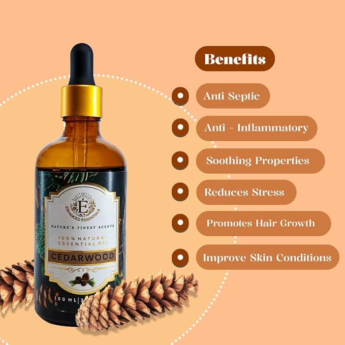 Luxurious Cedarwood Essential Oil by Enhanced Essentials|Pure & Natural|for Home,Diffusers,Skin,Aromatherapy, Bath,Massage,Perfume,Gifting,Soap & Candle Making|with Glass Dropper| 3.38 fl oz (100 ml) Bloomnest