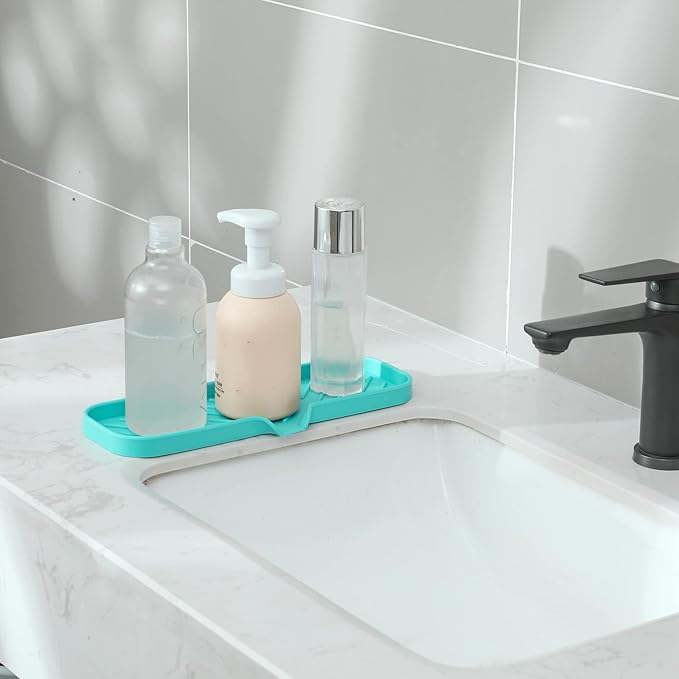 Silicone Bathroom Soap Dishes with Drain Spout-Bathroom and Kitchen Sink Organizer,Sponge Holder,Dish Soap Tray,Perfect for Dispenser,Scrubber,Bottle,Cup on Sink or Counter-Mint 12"×4" - Bloomnest