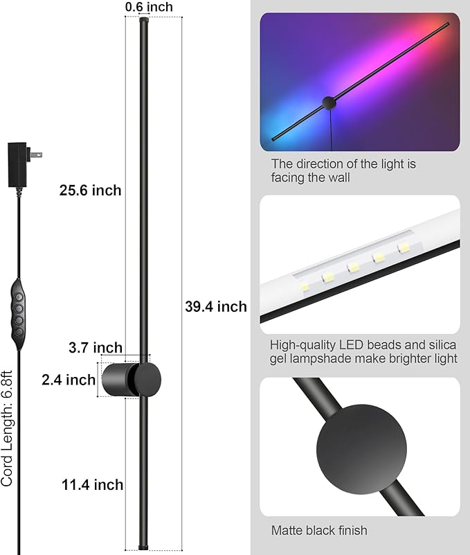 RGB LED Wall Sconces Set of Two with Remote, 15 Color Modes, Dimming, DIY 180° Rotate, Black Plug in Wall Sconces with Warm Light, Dynamic Multicolor Ambience Lights, Plug in Wall Light, 39.4 Inches - Bloomnest
