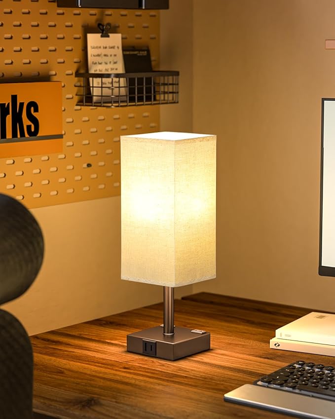 Brown Touch Table Lamp - Bedside Lamp with USB A + Type C Charging Ports and Two AC Outlets, Small Night Stand with E26 LED Bulb, Desk Light for Bedroom Living Room Office Dorm - Bloomnest