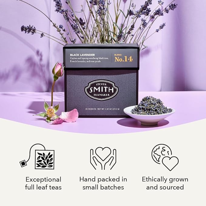 Steven Smith Teamaker Black Lavender No. 14, Lady Grey, Caffeinated, Sugar-Free, Sustainably Grown Full Leaf Black Tea Bags, 15 Sachets, 1.32oz each - Bloomnest