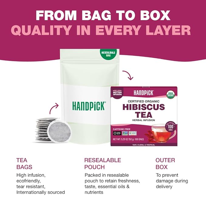 HANDPICK, Organic Hibiscus Tea Bags (100 Tea Bags) | Caffeine-Free, 100% Natural Pure Indian Hibiscus Flowers | Ayurvedic Benefits in every sip - Bloomnest