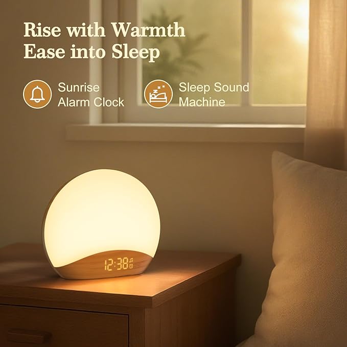 REACHER Wood Grain Sunrise Alarm Clock and Sound Machine Nightlight, Digital Dimmable Clock for Bedroom, 26 Sleep Sounds, White Noise Machine for Baby, Adults, Wake Up Light Alarm Clock for Kids - Bloomnest