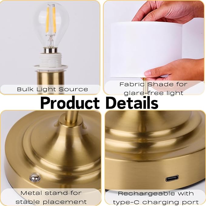 Rechargeable Table Lamp, Cordless Touch Lamps, Portable Desk Light with Stepless Dimmable Brightness & Fabric Shade for Nightstand Bedside Living Room (Gold, Straight) - Bloomnest