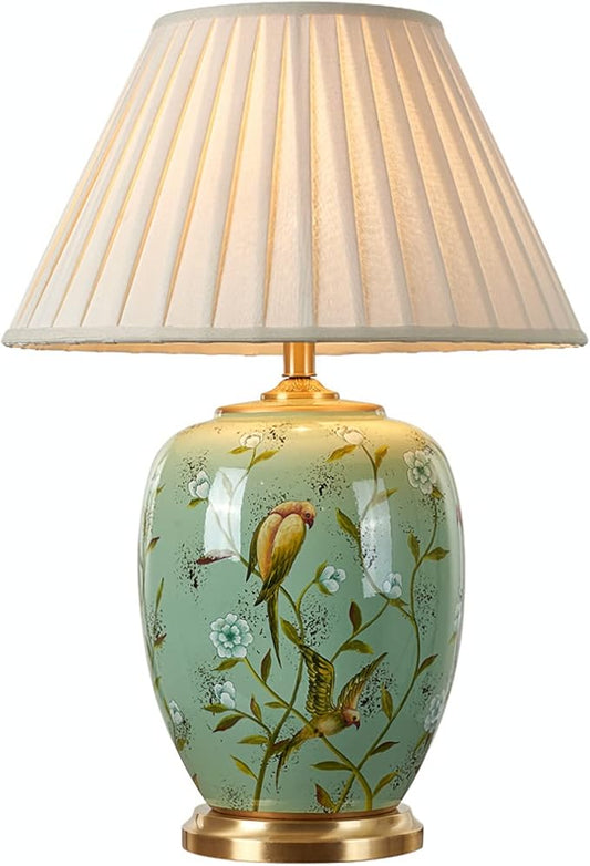 Green Flower and Bird Ceramics Table Lamp 25.5" Chinoiserie Lamp American Handmade Beige Linen Drum Shade Decor for Living Room Bedroom House Bedside Home - Bloomnest