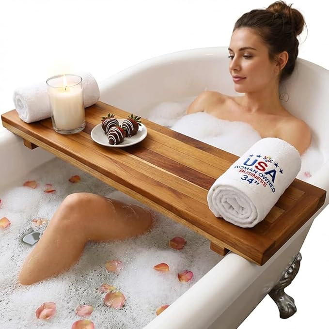 EcoDecors, 34 inch, Bath Tray for Tub, Bath Tub Tray Wood, Bathtub Table, Caddy for Bathtub in Natural Teak - Bloomnest