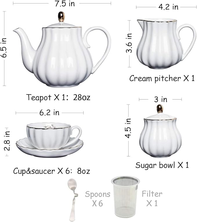Sweejar Porcelain Tea Sets British Royal Series, 8 OZ Cups & Saucer Service for 6, with Teapot Sugar Bowl Cream Pitcher Teaspoons and Tea Strainer, Suitable for High Tea, Wedding, Party（Beige） - Bloomnest
