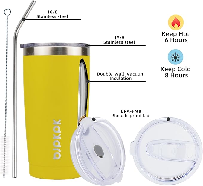 BJPKPK Yellow Stainless Steel Tumbler With Lid And Straw 20 oz Insulated Tumblers Thermal Cup For Hot And Cold Drinks - Bloomnest