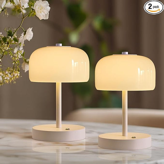 Oneach 9in Cordless LED Mushroom Table Lamp Touch 3 Way Dimmable Bedside Small Lamp Battery Operated Rechargeable Modern Nightstand Desk Lamp for Bedroom Living Room Restaurant White(2 Pack) - Bloomnest