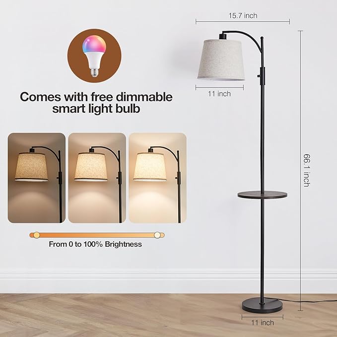 AIDENOEY Smart Floor Lamp with Side Table | Stepless Dimming, RGB Multi-Color | Adjustable Swivel Head | Voice Control with Alexa & Google Assistant |Black Lamp for Living Room,Bedroom,Home Office - Bloomnest