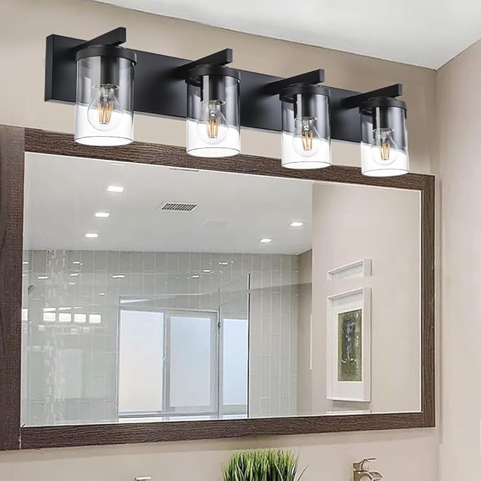 BONLICHT Modern Wall Bathroom Vanity Light Fixture 4 Light Black Metal with Clear Glass Shade,Industrial Vintage Farmhouse Wall Mount Lighting Sconce Bath Lighting Over Mirror for Kitchen Hallway - Bloomnest