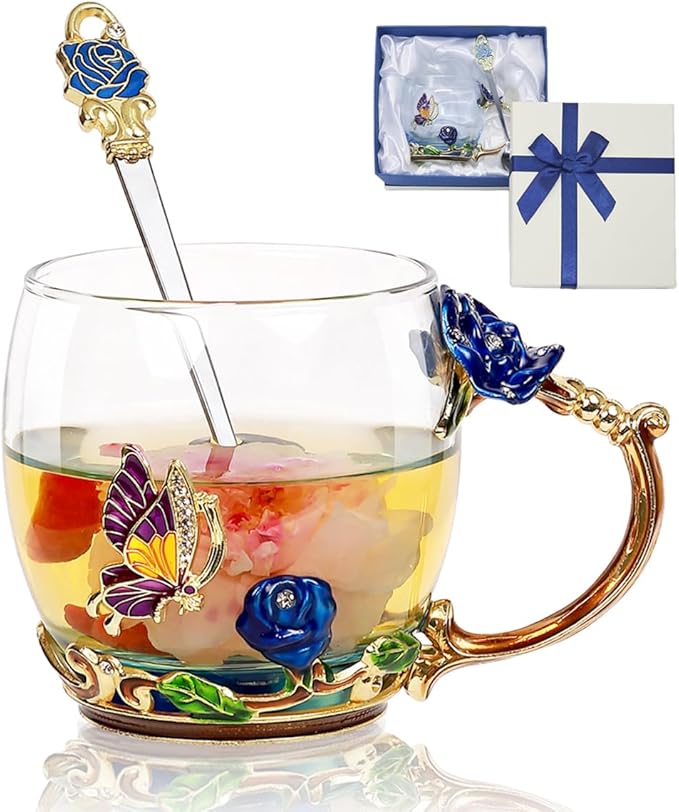 Flower Tea Cup,Butterfly Rose Clear Glass Fancy Coffee Mug with Spoon,Gift Box for Her Mom Wife Grandma Girls Women Christmas Birthday Present Idea for Juice,Hot And Cold Drinks Use - Bloomnest