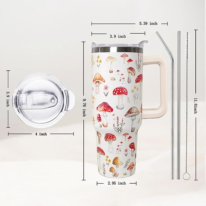 Ceovfoi 40 Oz Mushroom Stainless Steel Coffee Travel Mug Cup Water Bottle Tumbler with Handle Lid and Straw,Mushroom Decor,Mushroom Gifts for Women - Bloomnest