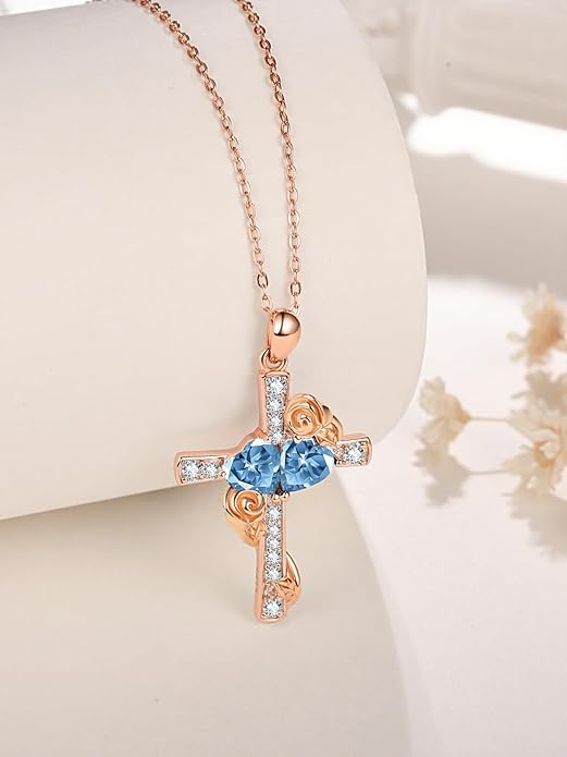 Rose Gold Dual Birthstones Cross Necklace for Women Rose Flower Jewelry Anniversary Christmas Mother's Valentine's Day Birthday Gift for Wife Girlfriend Mom - Bloomnest