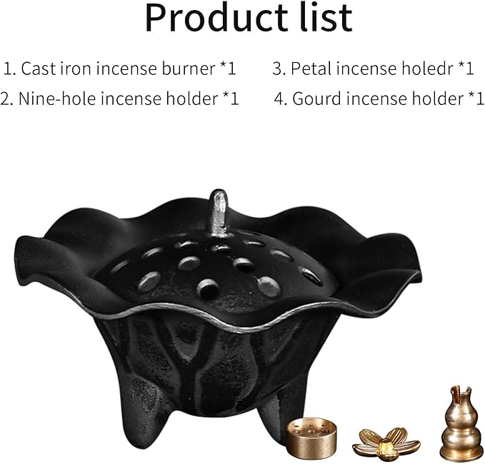 AIMITOFO Cast Iron Incense Burner - 4 in 1 Incense Burner Holder Set - Lotus Leaf Shape Ash Catcher with Lid for Ritual Purpose, Decor, Etc... - Bloomnest