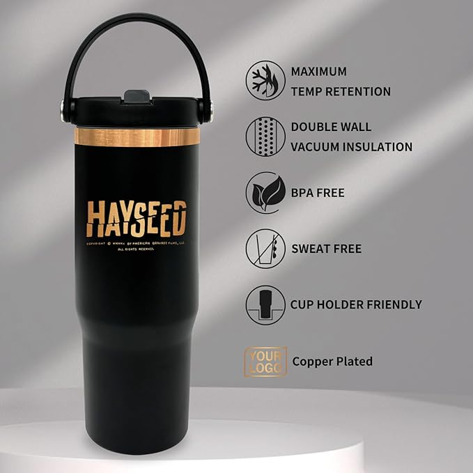 30 oz Tumbler with Handle, Double Wall Vacuum Insulated Tumblers with Flip Straw, Coffee Mug 30oz Powder Coated Cup for Hot and Cold Drinks(Copper Plated, Black,4 pack) - Bloomnest