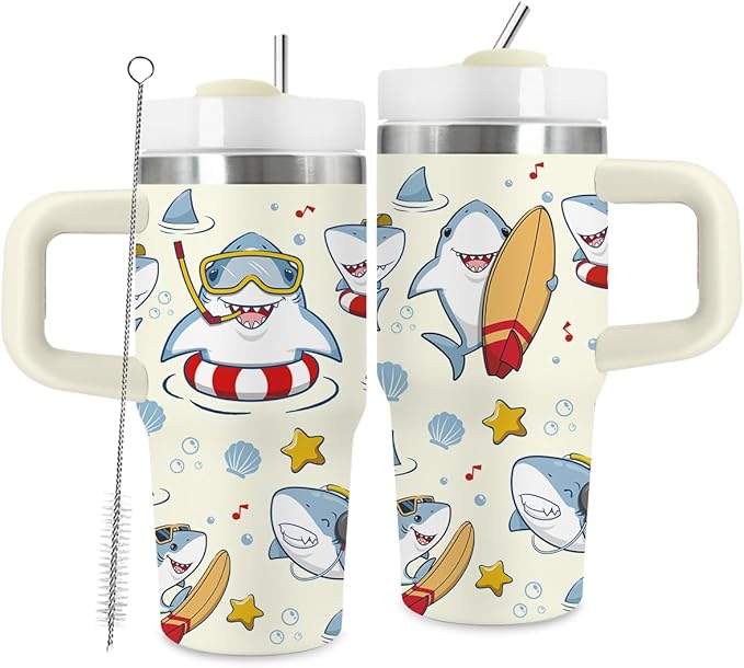 14oz Smiling Shark Tumbler with Handle and Straw, Stainless Steel Vacuum Insulated Tumblers, Birthday Gifts for Shark Lover, Daughter, Son, Sister - Bloomnest