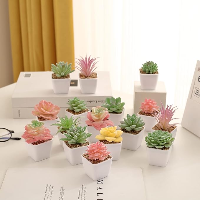 Tiita 24 Set Artificial Faux Succulents in Pots Fake Plants Plastic Arrangement Planter Small Mini Tiny Decoration for Home Office Desk Window Sill Bathroom Bedroom Outdoor Indoor - Bloomnest