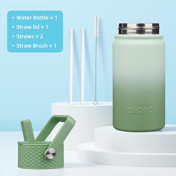 BJPKPK Insulated Water Bottle with Straw Lid, 15oz Cute Water Bottles, Stainless Steel Metal Thermo, Reusable BPA Free Leak Proof Tumblers, Cups,Forest Green - Bloomnest