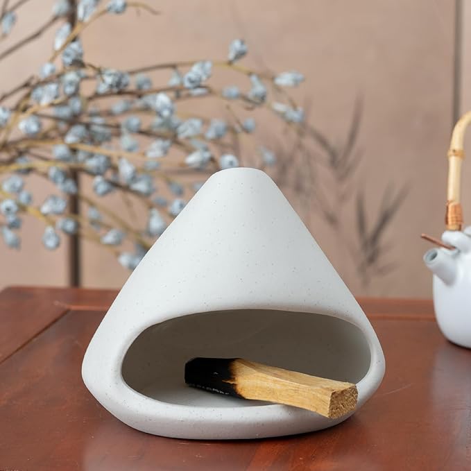 Palo Santo Burner- Mini Zongzi ceramics chiminea for sage/sticks/sone, ceramics Incense Holder with ash catcher, aromatic meditation gifts for women anxiety relief, ceramic copalera home decor MOUGIGI