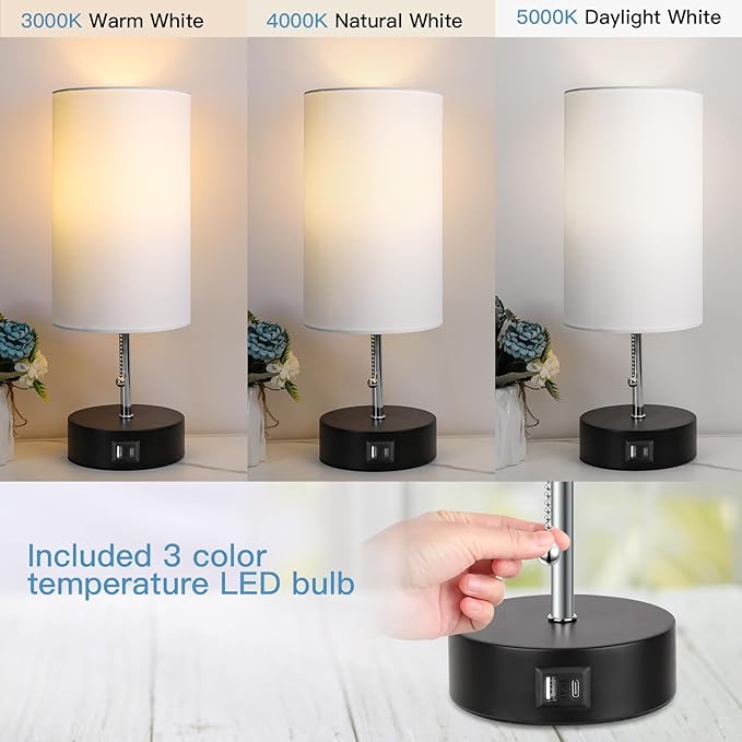 ROTTOGOON 3-Color Temperature Bedside Lamp Nightstand Lamp with USB A Port and C Port, Table Lamp for Bedroom with LED Bulb Small Lamps for Living Room (White) - Bloomnest