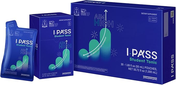 JungKwanJang iPass Student Tonic - Adaptogen Energy Drink Supplement with Korean Red Ginseng, Jujube, Astragalus & Angelica - Daily Support for School and Activities (30 Pouches, 1.69 fl oz) - Bloomnest