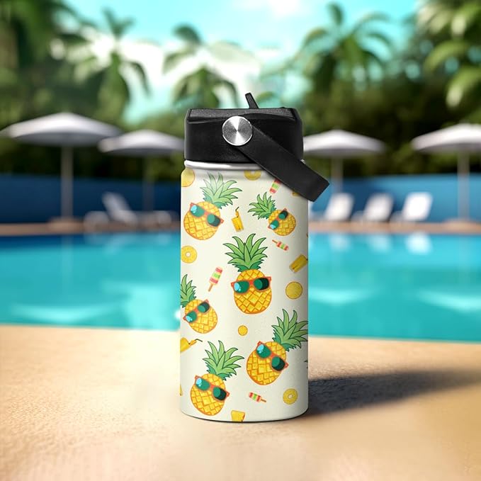Kids Water Bottle Pineapple Water Bottles 12oz with Straw Insulated Stainless Steel Travel School Tumbler Double Wall Vacuum Cup for Girls Kid Boys - Bloomnest