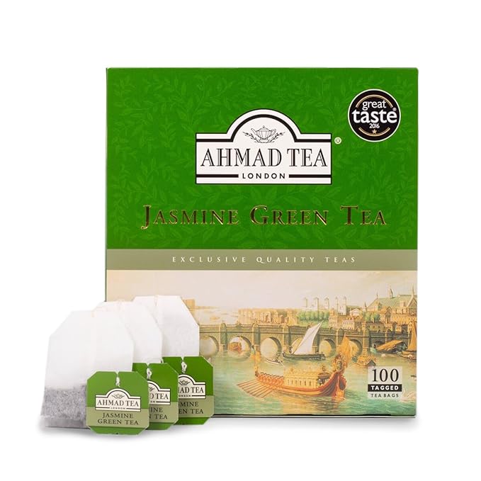 Ahmad Tea Jasmine Green Tea, Tagged Teabags without envelopes, 100 Count - Bloomnest