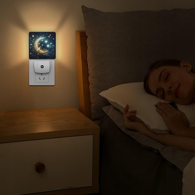 Moon and Starry Sky Night Light, Plug into Wall Decor Nightlights for Bedroom, Bathroom, Hallway, Kitchen, with Dusk to Dawn Light Auto Sensors LED Night Lights for Boys Girls Women Men Room Gifts - Bloomnest