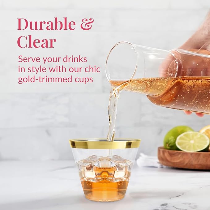 Prestee 100-Pack 9oz Gold Rimmed Plastic Cups Disposable Wine Glasses for Charcuterie, Weddings, Parties, and Events - Elegant Cocktail and Drinking Cups for Champagne, Martini, and Mocktails - Bloomnest