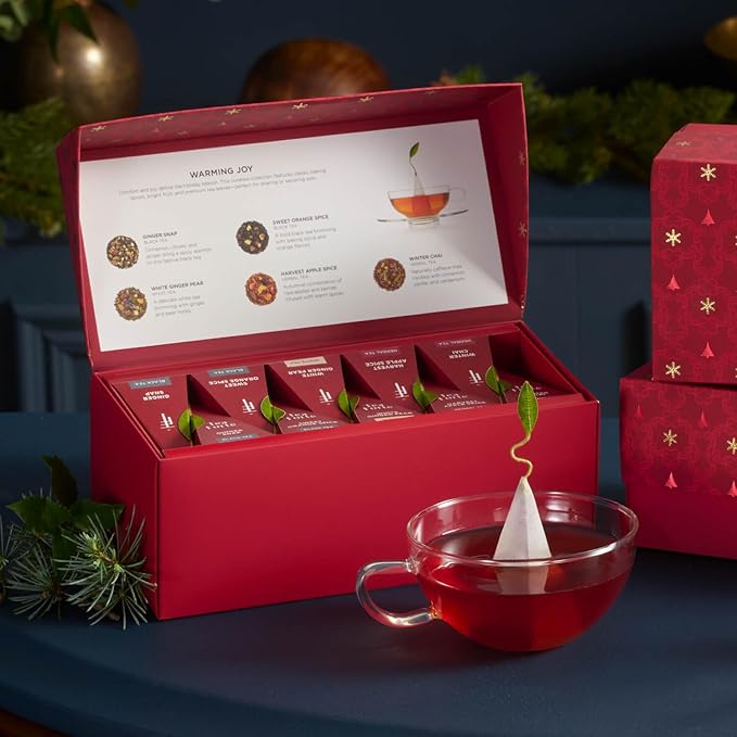 Tea Forte Warming Joy Holiday Premium Presentation Box Gift Set Sampler, 20 Count, 4 of Each Blend Individually Wrapped Handcrafted Pyramid Infuser Bags - Bloomnest