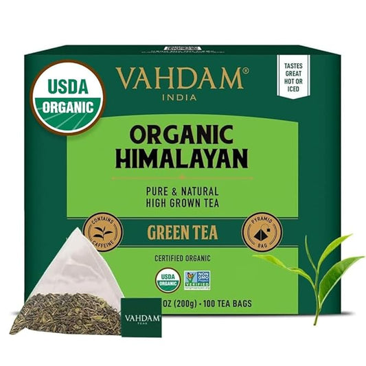 VAHDAM, Organic Himalayan Green Tea (100 Count) High Grown, Non GMO, Gluten Free, Low Caffeine | Earthy & Smooth | Resealable & Plant-Based Pyramid Tea Bags - Bloomnest