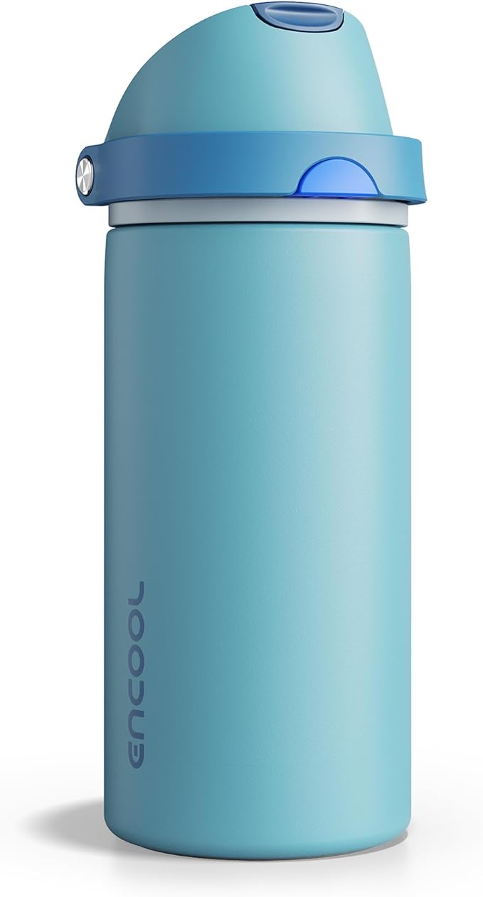 Insulated Water Bottle with Straw - Encool Stainless Steel Water Bottle with Push Button Lid, Leak-Proof & BPA-Free, Keeps Cold for 24 Hours for Sports, Travel, Gym (18 oz, Silk Blue) ENCOOL