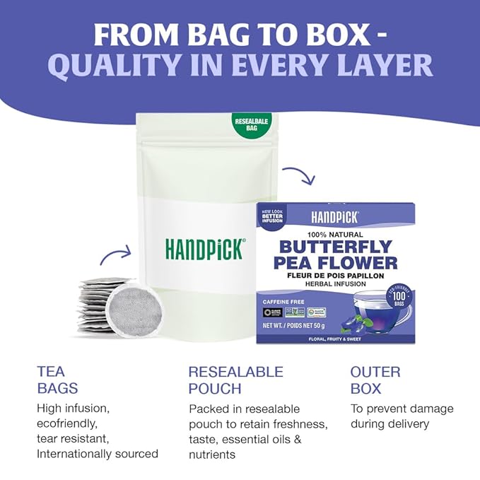 HANDPICK, Butterfly Pea Flower Tea (100 Herbal Tea Bags) | Caffeine Free, Non GMO | Premium Dried Butterfly Pea Flowers For Blue & Purple Drinks, Food Coloring | Iced Teas, Coolers, Cocktails - Bloomnest