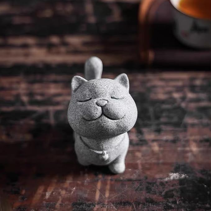 Exquisite Sandstone Warrior Cat Incense Holder (2.16”*2.36”) with Free Fishing Rod and Fish, Plus Bamboo Mat Cushion (7.28”*3.34”) (Sassy Cat) - Bloomnest