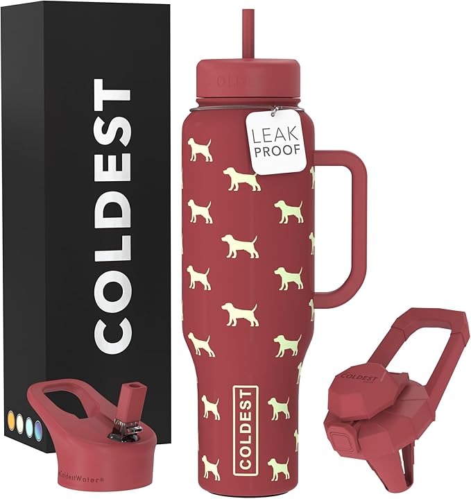 Coldest Tumbler with Handle and Straw - 100% Leak Proof Insulated Tumbler with Lid and Straw (3 Lids) - Stainless Steel Tumblers for Women & Men - Cup Holder Friendly Base, 46 oz (Baby Puppy) - Bloomnest