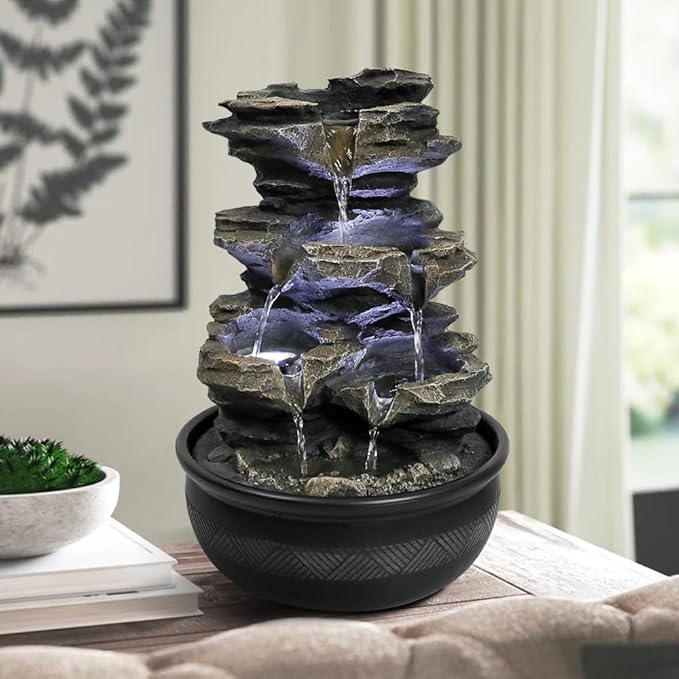 15.7" High Rock Cascading Tabletop Fountain, Zen Meditation Indoor Waterfall Feature with LED Light for Home Office Bedroom Relaxation - Bloomnest