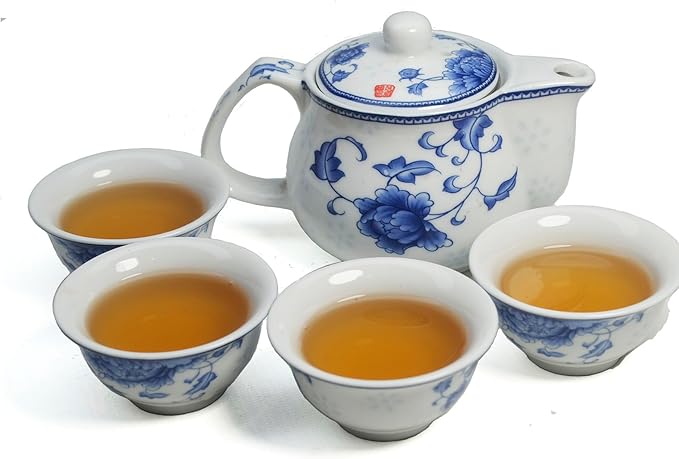 Small Teapot 9oz Blue and White Porcelain Tea Pot with Stainless Steel Infuser Classical Chinese Penoy Flower (Peony)