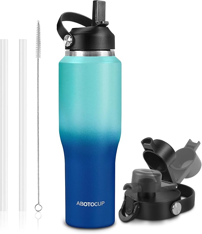 Insulated Water Bottle 32oz with Straw/Spout Lids, Stainless Steel Water Bottles Keep Cold 24h&Hot 12h, Metal Water Bottle with Straw that Fits in Cup Holder, Water Bottle Leak-proof,BPA Free - Bloomnest