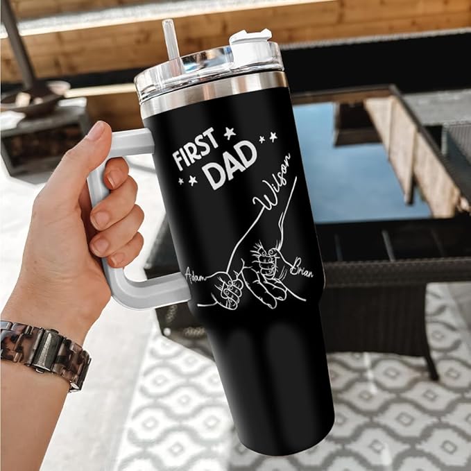 First Dad Now Granddad 40oz Tumbler with Handle and Straw, Personalized Mug with Hand Holding Design and Custom Names, Gift for Grandpa from Kids and Grandkids for Father’s Day or Birthday - Bloomnest