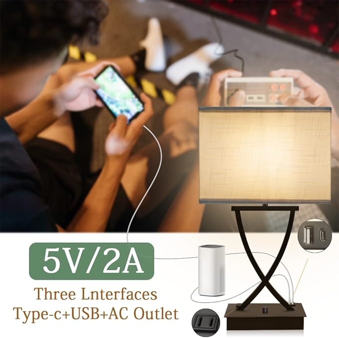 Fully Dimmable Medium Table Lamp for Bedroom with Type C/USB Charging Port and 1 AC Outlet White Shade 21.38" Bedside Nightstand Lamp for Bedroom Living Room Office and Hotel Bulb Included - Bloomnest