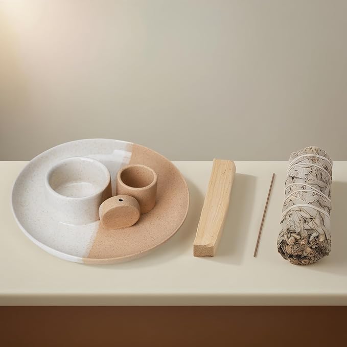 4 in 1 Incense Holder, Ceramic Incense Stick and Palo Santo Holder,Sage Holder for Burning- 5.5" Ceramic Ash Catcher Tray for Meditation and Yoga Room (White Sand) - Bloomnest