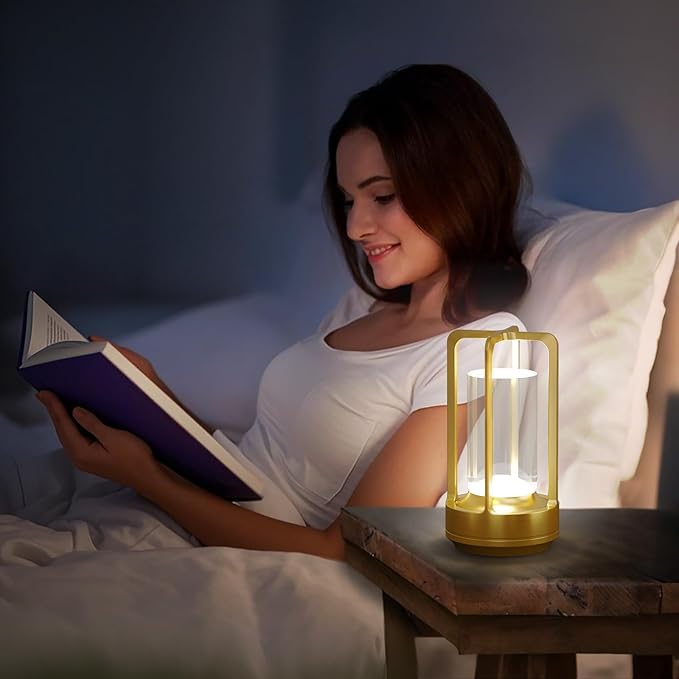 Portable Table Lamp for Outdoor Indoor: Cordless Rechargeable Desk Lamp with 3 Color Stepless Dimmable - Metal Battery Operated Small Lantern Light for Restaurant/Bedroom/Bar/Coffee Shop/Camping - Bloomnest