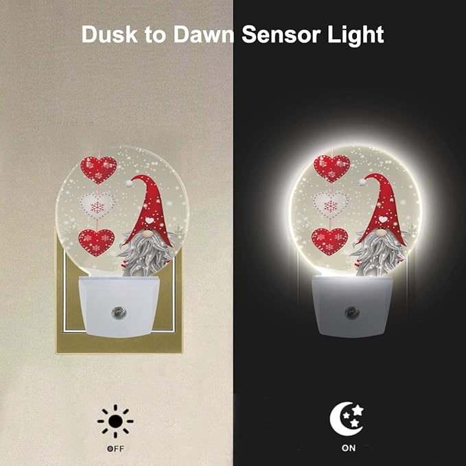 EKOBLA Valentine's Day Love Gnome Night Light Snowflakes Red Love Hearts Plug-in Nightlights Auto Sensor LED Dusk to Dawn Light for Men Women Boys Girls Gifts - Bloomnest