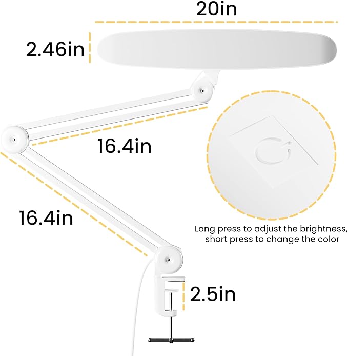 3000 Lumens Adjustable LED Desk Lamp & Task Lamp - Bright, Dimmable Lighting for Office, Crafts, Nails &Salon Hobbies with Clamp (CCT, White) - Bloomnest