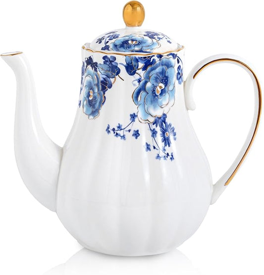 Tea Pot, Porcelain Teapot 37oz,tea pots for tea party,Tea Infuser Pots for Blooming loose Leaf Tea (White with blue flower)