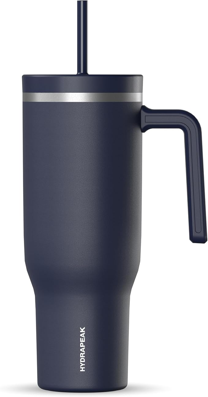 Hydrapeak Voyager 40 Oz Stainless Steel Tumbler with Handle, Insulated Water Bottle With Straw & Lid, Cupholder Friendly Reusable Travel Mug (Navy) - Bloomnest