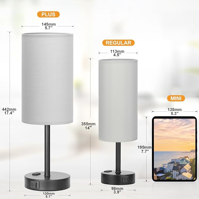 Fenmzee Touch Bedroom Lamp - Grey, 3-Way Dimmable, USB A + C Charging, AC Outlet, 17.4inch Medium - Bloomnest