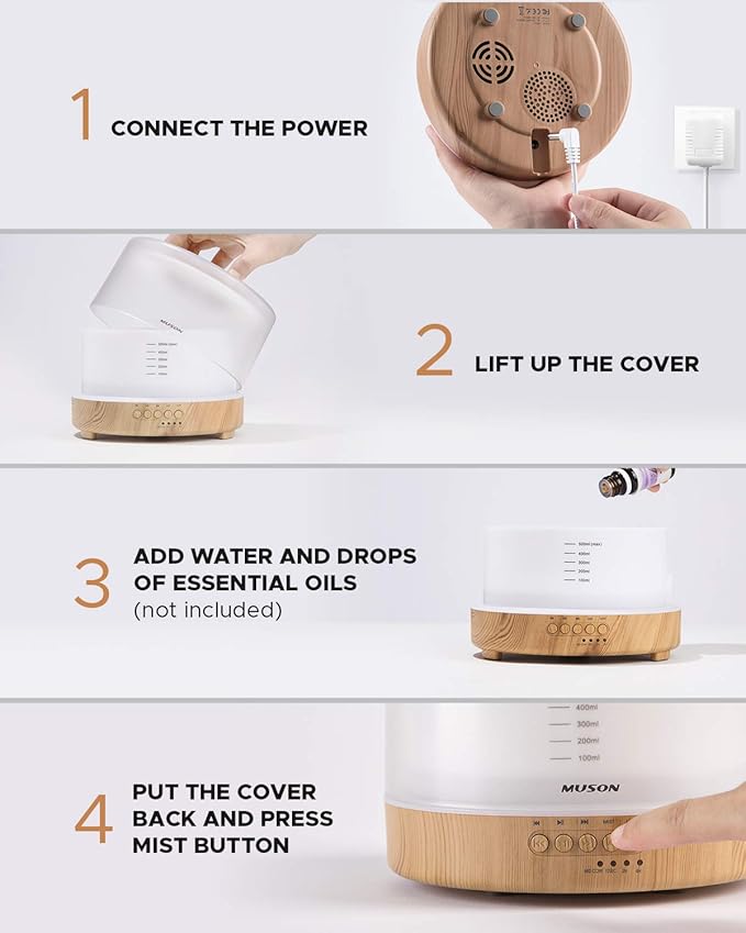 muson Essential Oil Diffuser Sound Machine Combo Diffuser for Aromatherapy Fragrant Oil Cool Mist Humidifier with Natural Sound Music & Warm Night Light, Auto Shutoff, White - Bloomnest