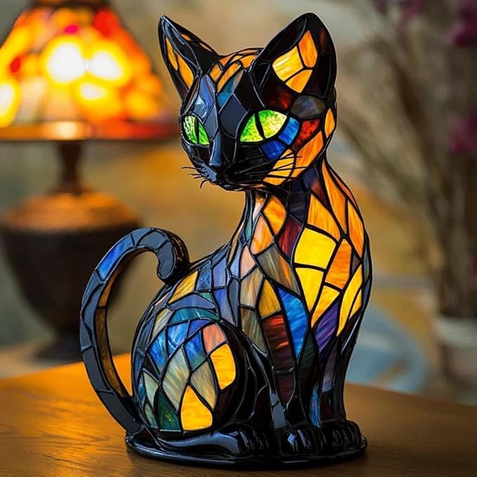 Atlodas Cat Lamp, Retro Cats Stained Resin Tabletop Night Lights, Animal Table Lamp Series, Cat Lamp Stained Glass Tabletop Night Light, 3D Cute Pet LED Table Lamps, Gift for Lovers (#10, 12inch) - Bloomnest